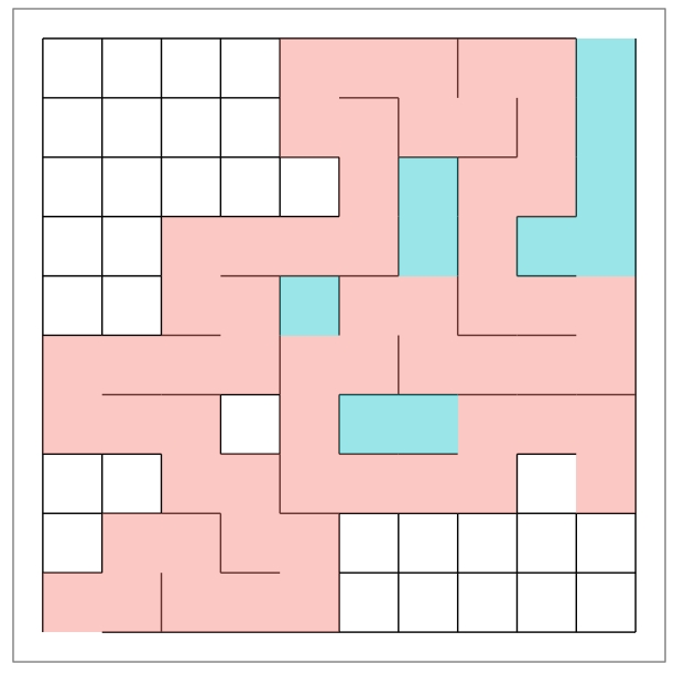 A step-by-step illustration of maze creation using using a recursive backtracker algorithm. White cells are unvisited maze cells, red cells are the maze cells on stack, and the blue cells are the maze cells that have been visited and removed from the stack)