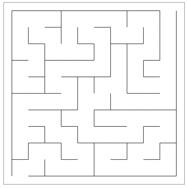 A maze generated using a recursive backtracker algorithm (randomized version of depth-first search algorithm)